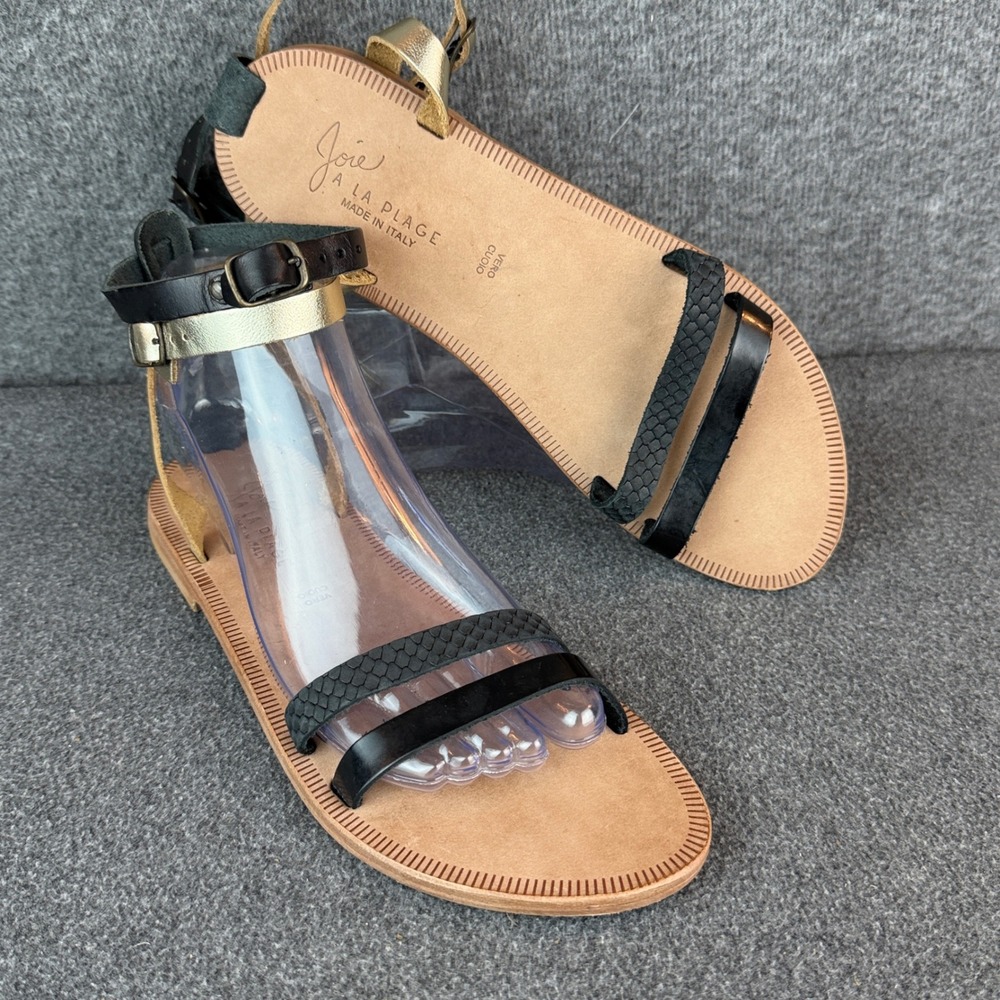 Joie A La Plage Womens 39 Black Gold All Leather Double Strap Flat Sandals Italy